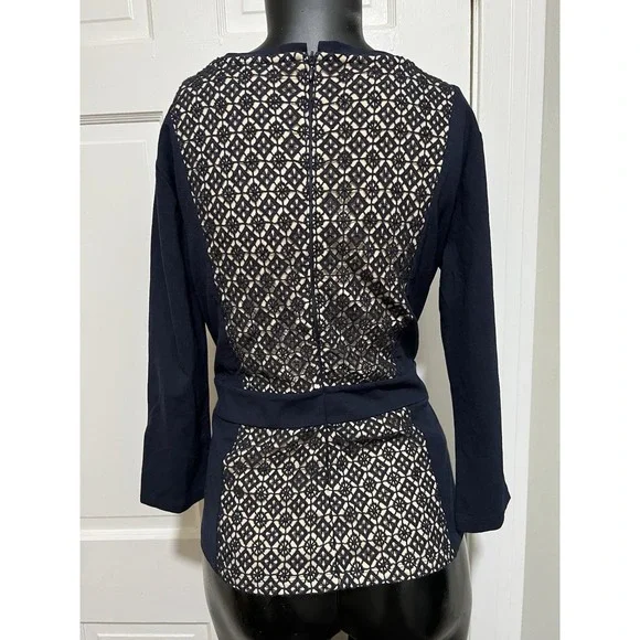 Navy Blue Ann Taylor 3/4 Length Sleeve Lace Shirt Size Small - Picture 2 of 5